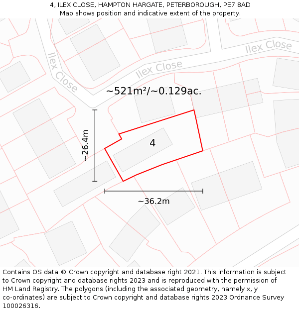 4, ILEX CLOSE, HAMPTON HARGATE, PETERBOROUGH, PE7 8AD: Plot and title map