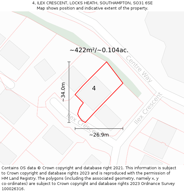 4, ILEX CRESCENT, LOCKS HEATH, SOUTHAMPTON, SO31 6SE: Plot and title map