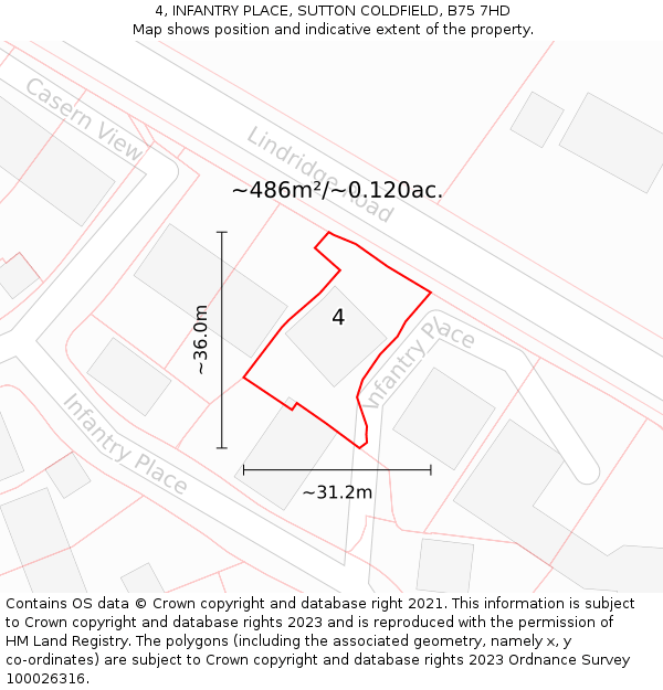 4, INFANTRY PLACE, SUTTON COLDFIELD, B75 7HD: Plot and title map