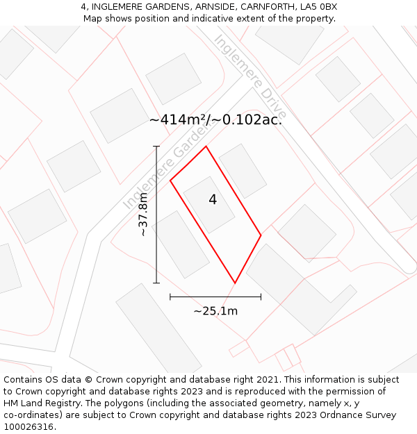 4, INGLEMERE GARDENS, ARNSIDE, CARNFORTH, LA5 0BX: Plot and title map