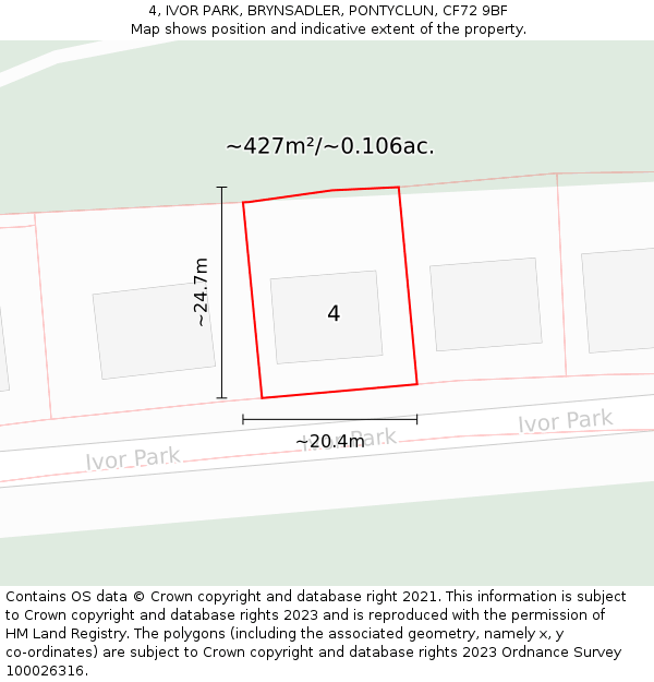 4, IVOR PARK, BRYNSADLER, PONTYCLUN, CF72 9BF: Plot and title map