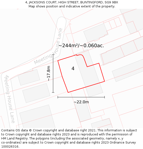 4, JACKSONS COURT, HIGH STREET, BUNTINGFORD, SG9 9BX: Plot and title map