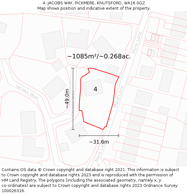 4, JACOBS WAY, PICKMERE, KNUTSFORD, WA16 0GZ: Plot and title map