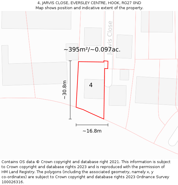 4, JARVIS CLOSE, EVERSLEY CENTRE, HOOK, RG27 0ND: Plot and title map