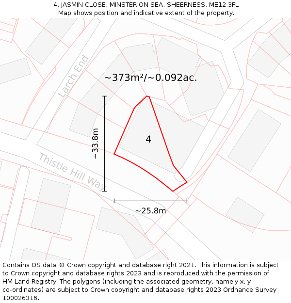 4, JASMIN CLOSE, MINSTER ON SEA, SHEERNESS, ME12 3FL: Plot and title map