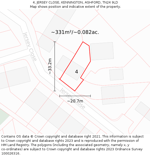 4, JERSEY CLOSE, KENNINGTON, ASHFORD, TN24 9LD: Plot and title map