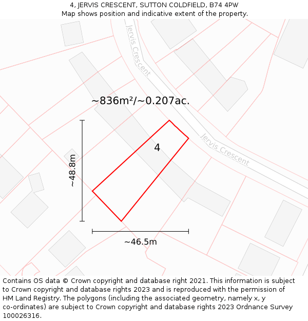 4, JERVIS CRESCENT, SUTTON COLDFIELD, B74 4PW: Plot and title map