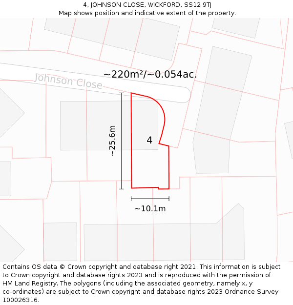 4, JOHNSON CLOSE, WICKFORD, SS12 9TJ: Plot and title map