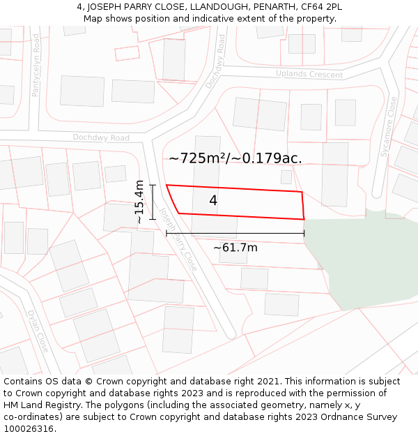 4, JOSEPH PARRY CLOSE, LLANDOUGH, PENARTH, CF64 2PL: Plot and title map