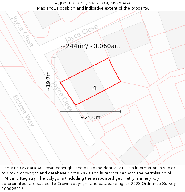 4, JOYCE CLOSE, SWINDON, SN25 4GX: Plot and title map