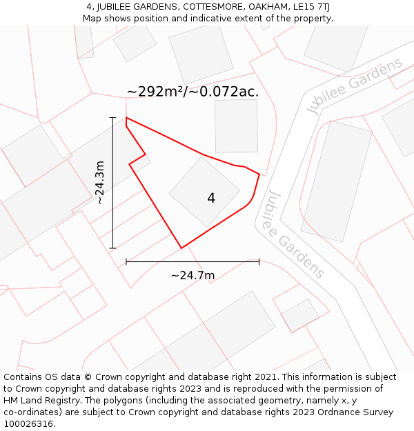 4, JUBILEE GARDENS, COTTESMORE, OAKHAM, LE15 7TJ: Plot and title map