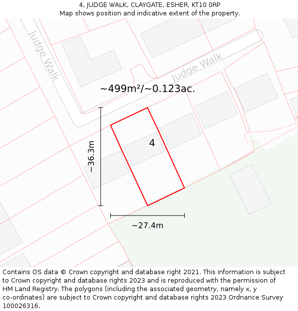 4, JUDGE WALK, CLAYGATE, ESHER, KT10 0RP: Plot and title map