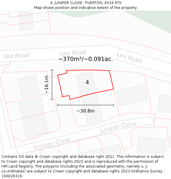 4, JUNIPER CLOSE, TIVERTON, EX16 6TX: Plot and title map