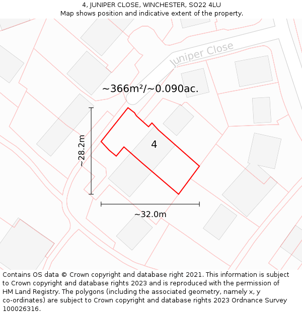 4, JUNIPER CLOSE, WINCHESTER, SO22 4LU: Plot and title map