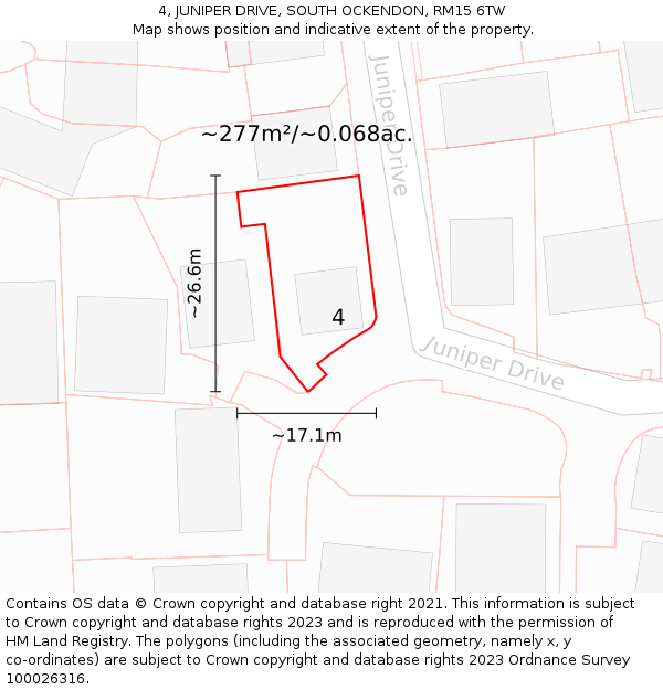 4, JUNIPER DRIVE, SOUTH OCKENDON, RM15 6TW: Plot and title map