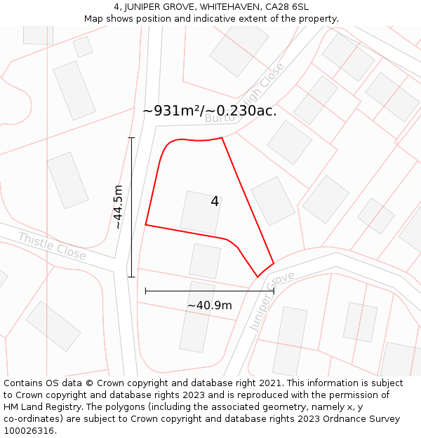 4, JUNIPER GROVE, WHITEHAVEN, CA28 6SL: Plot and title map