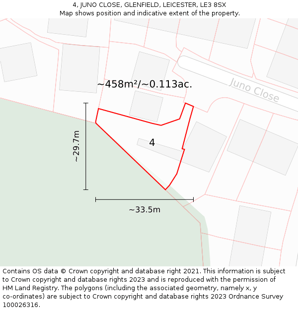 4, JUNO CLOSE, GLENFIELD, LEICESTER, LE3 8SX: Plot and title map