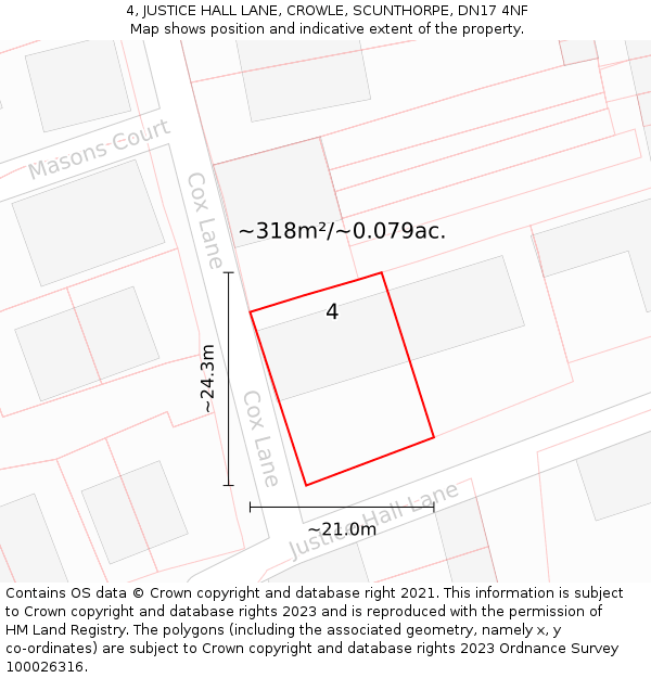 4, JUSTICE HALL LANE, CROWLE, SCUNTHORPE, DN17 4NF: Plot and title map