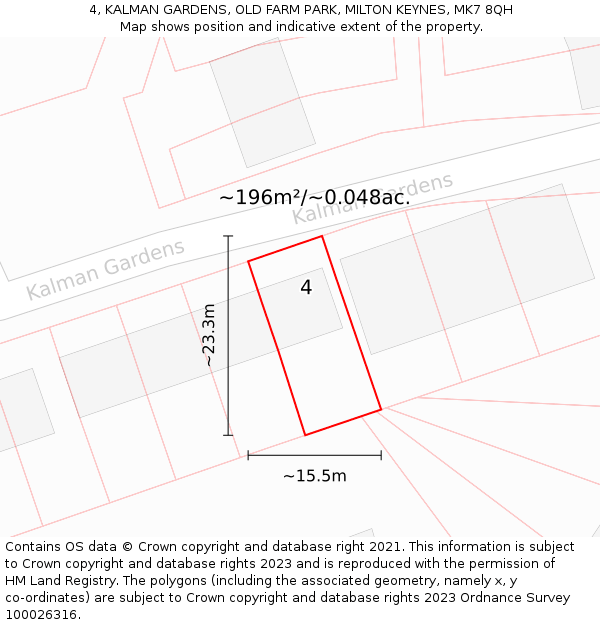 4, KALMAN GARDENS, OLD FARM PARK, MILTON KEYNES, MK7 8QH: Plot and title map