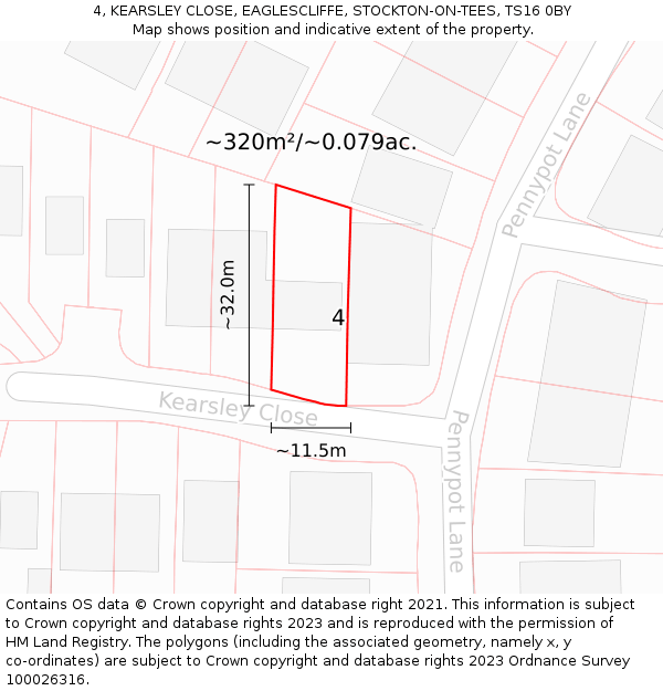 4, KEARSLEY CLOSE, EAGLESCLIFFE, STOCKTON-ON-TEES, TS16 0BY: Plot and title map