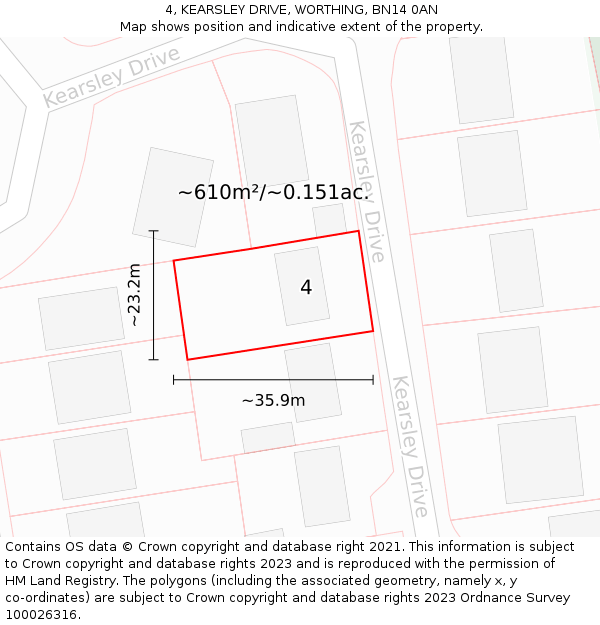 4, KEARSLEY DRIVE, WORTHING, BN14 0AN: Plot and title map