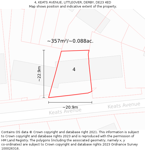 4, KEATS AVENUE, LITTLEOVER, DERBY, DE23 4ED: Plot and title map