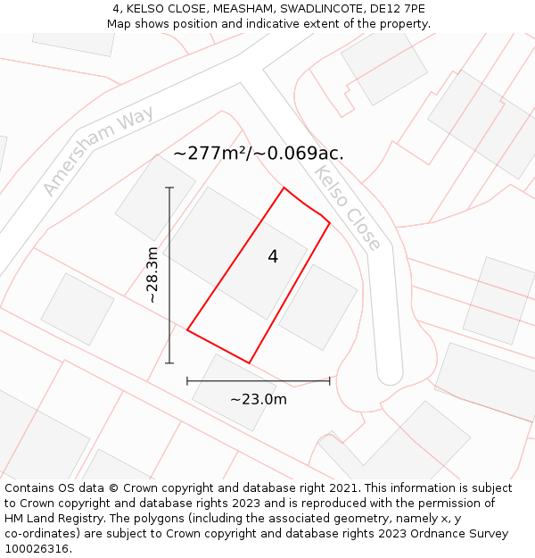4, KELSO CLOSE, MEASHAM, SWADLINCOTE, DE12 7PE: Plot and title map