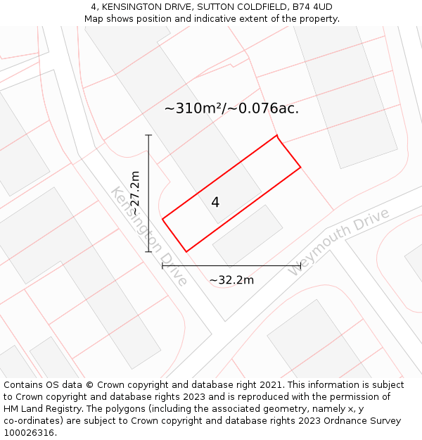 4, KENSINGTON DRIVE, SUTTON COLDFIELD, B74 4UD: Plot and title map
