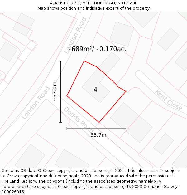4, KENT CLOSE, ATTLEBOROUGH, NR17 2HP: Plot and title map