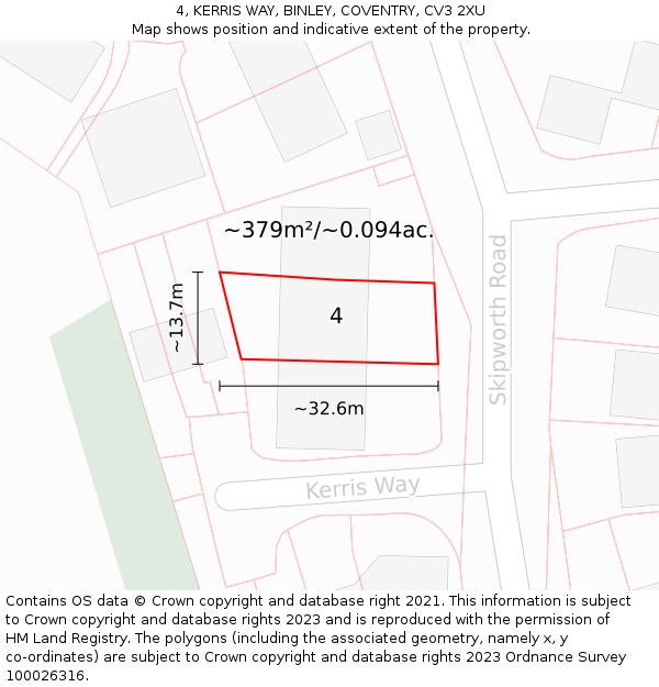 4, KERRIS WAY, BINLEY, COVENTRY, CV3 2XU: Plot and title map