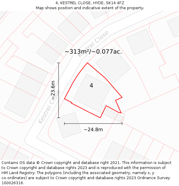 4, KESTREL CLOSE, HYDE, SK14 4FZ: Plot and title map