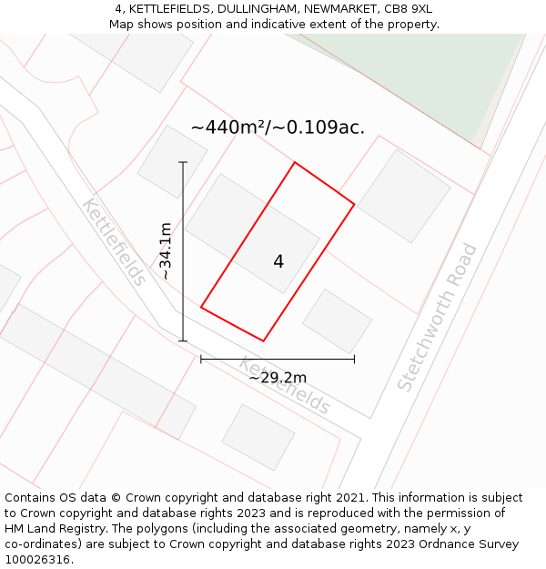 4, KETTLEFIELDS, DULLINGHAM, NEWMARKET, CB8 9XL: Plot and title map
