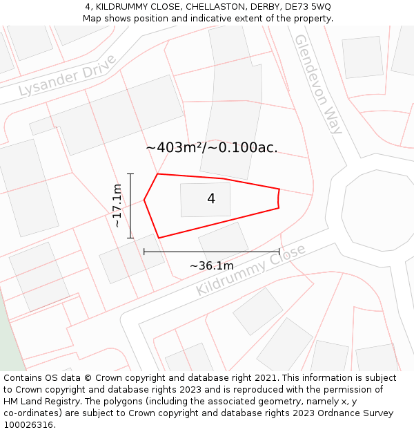 4, KILDRUMMY CLOSE, CHELLASTON, DERBY, DE73 5WQ: Plot and title map