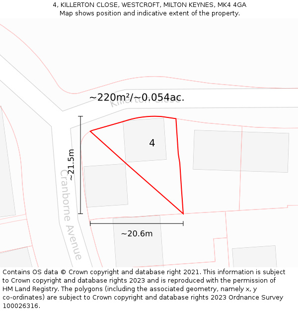 4, KILLERTON CLOSE, WESTCROFT, MILTON KEYNES, MK4 4GA: Plot and title map