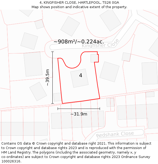 4, KINGFISHER CLOSE, HARTLEPOOL, TS26 0GA: Plot and title map