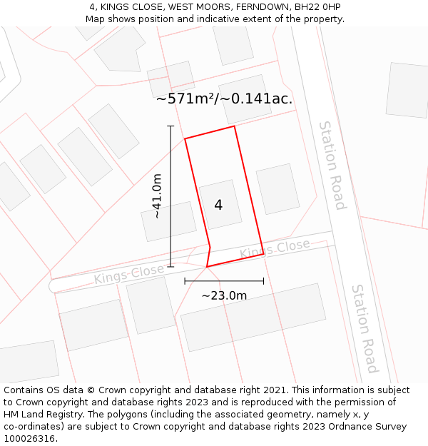 4, KINGS CLOSE, WEST MOORS, FERNDOWN, BH22 0HP: Plot and title map