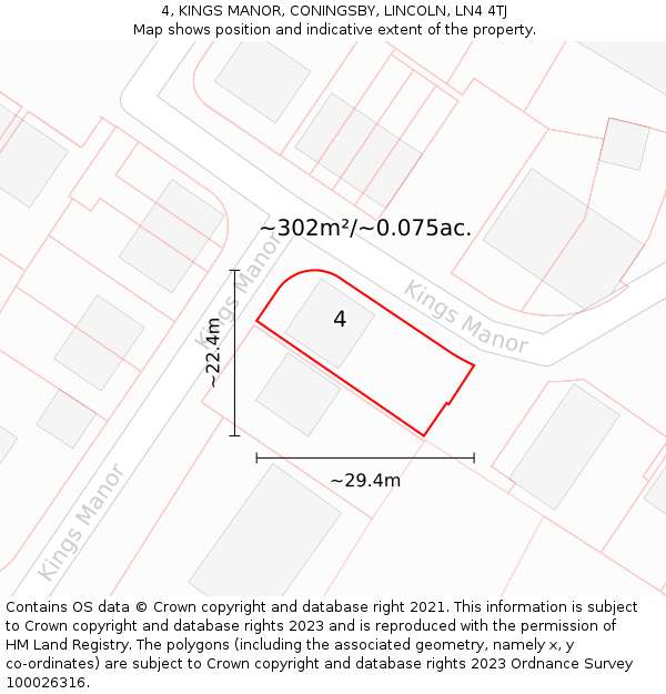 4, KINGS MANOR, CONINGSBY, LINCOLN, LN4 4TJ: Plot and title map