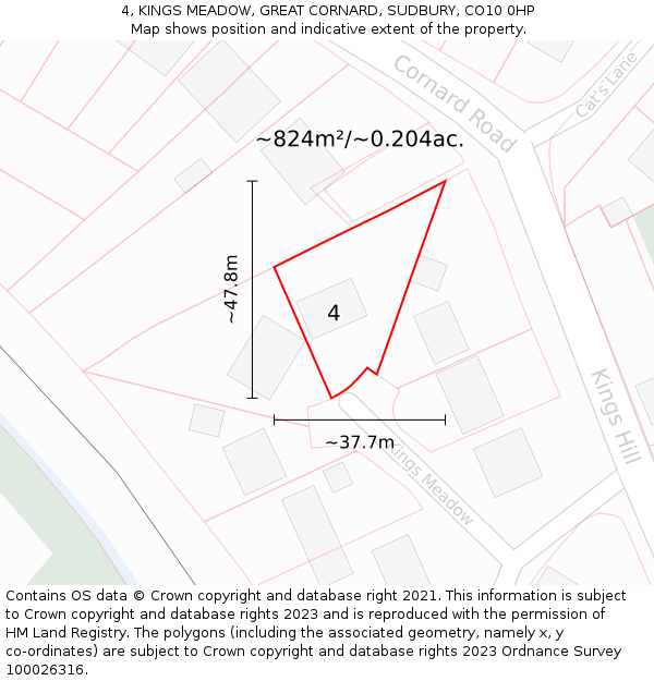 4, KINGS MEADOW, GREAT CORNARD, SUDBURY, CO10 0HP: Plot and title map