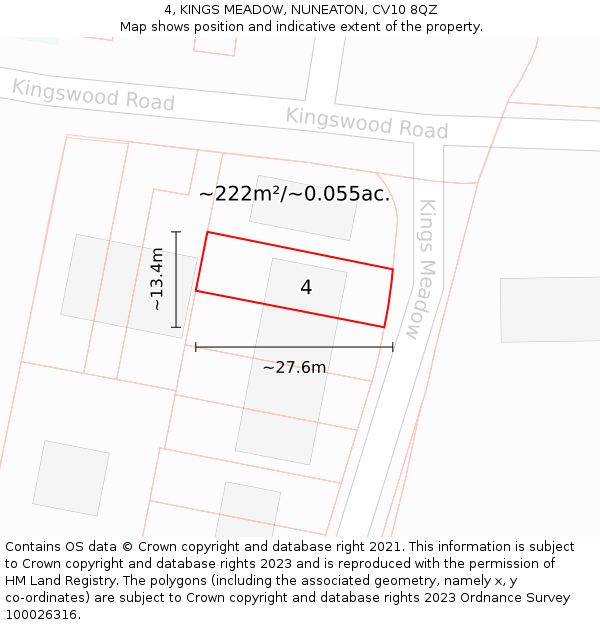 4, KINGS MEADOW, NUNEATON, CV10 8QZ: Plot and title map