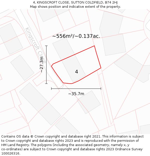 4, KINGSCROFT CLOSE, SUTTON COLDFIELD, B74 2HJ: Plot and title map