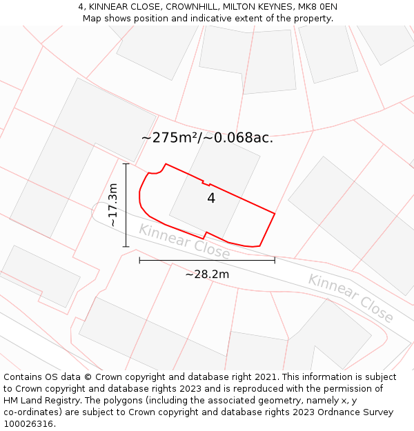 4, KINNEAR CLOSE, CROWNHILL, MILTON KEYNES, MK8 0EN: Plot and title map