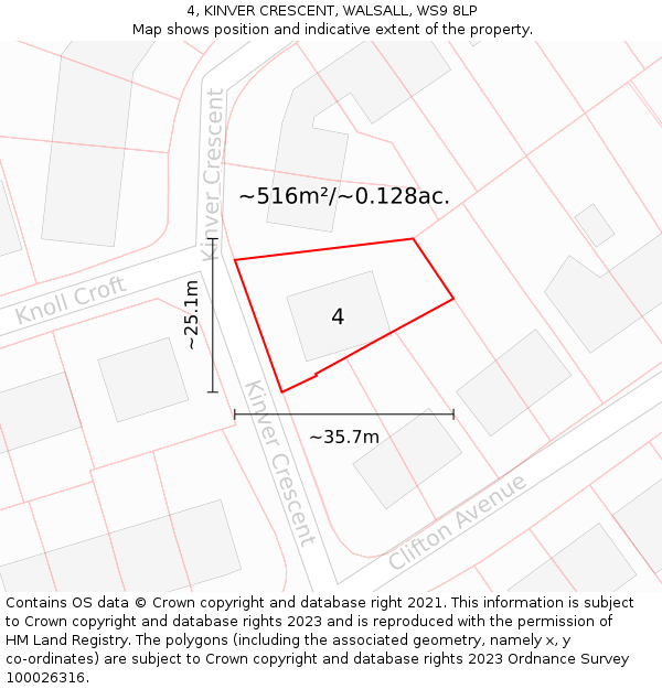 4, KINVER CRESCENT, WALSALL, WS9 8LP: Plot and title map