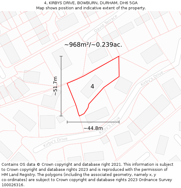 4, KIRBYS DRIVE, BOWBURN, DURHAM, DH6 5GA: Plot and title map