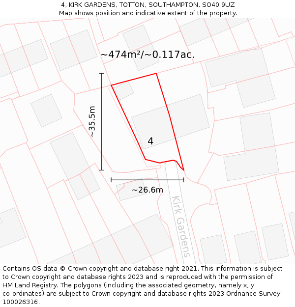 4, KIRK GARDENS, TOTTON, SOUTHAMPTON, SO40 9UZ: Plot and title map