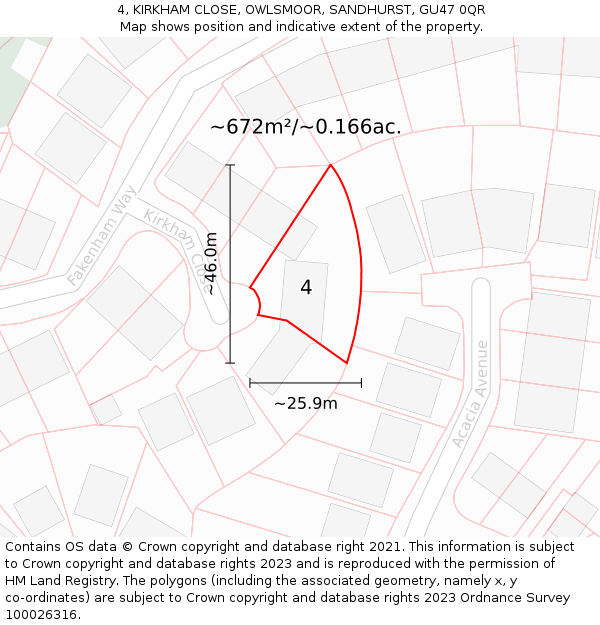 4, KIRKHAM CLOSE, OWLSMOOR, SANDHURST, GU47 0QR: Plot and title map