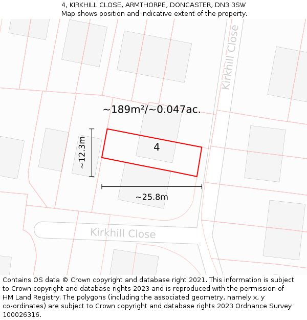 4, KIRKHILL CLOSE, ARMTHORPE, DONCASTER, DN3 3SW: Plot and title map