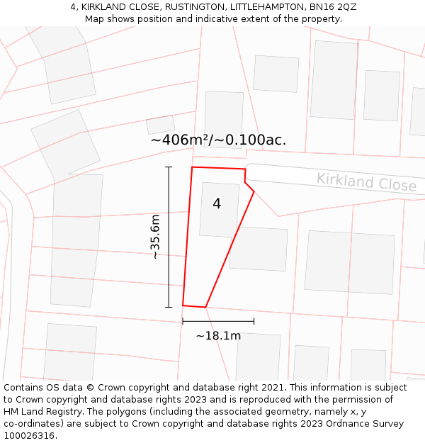 4, KIRKLAND CLOSE, RUSTINGTON, LITTLEHAMPTON, BN16 2QZ: Plot and title map