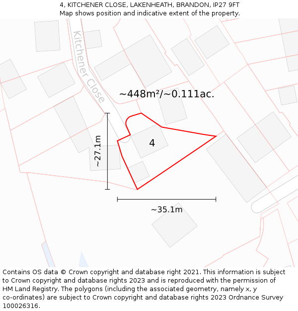4, KITCHENER CLOSE, LAKENHEATH, BRANDON, IP27 9FT: Plot and title map