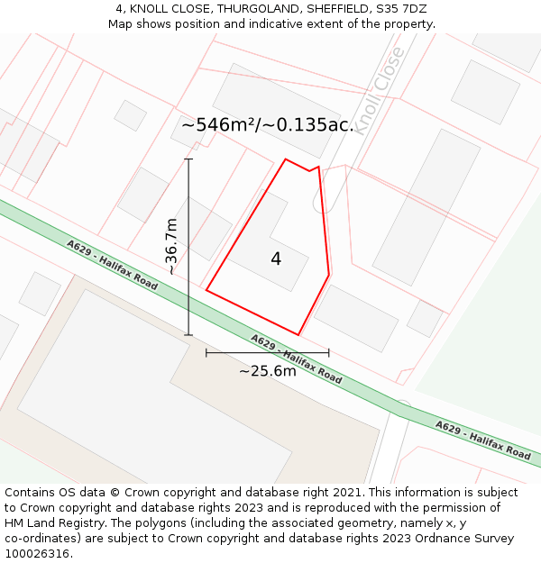 4, KNOLL CLOSE, THURGOLAND, SHEFFIELD, S35 7DZ: Plot and title map