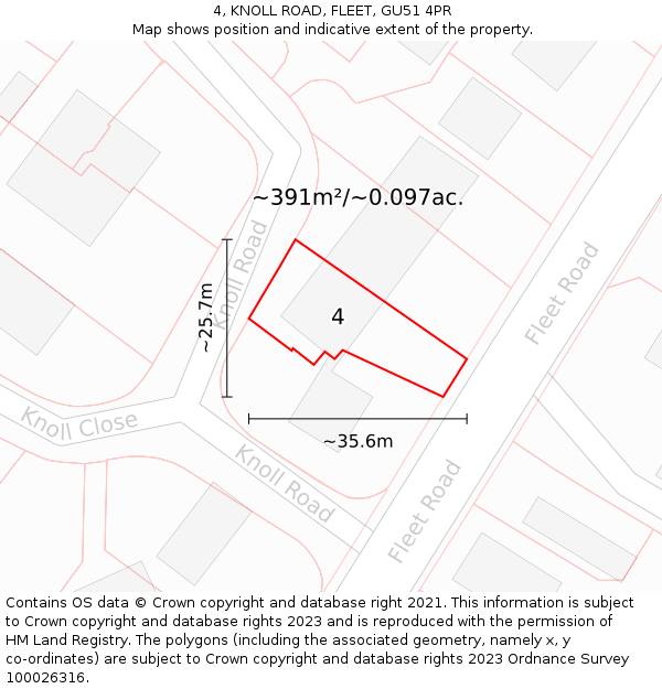 4, KNOLL ROAD, FLEET, GU51 4PR: Plot and title map